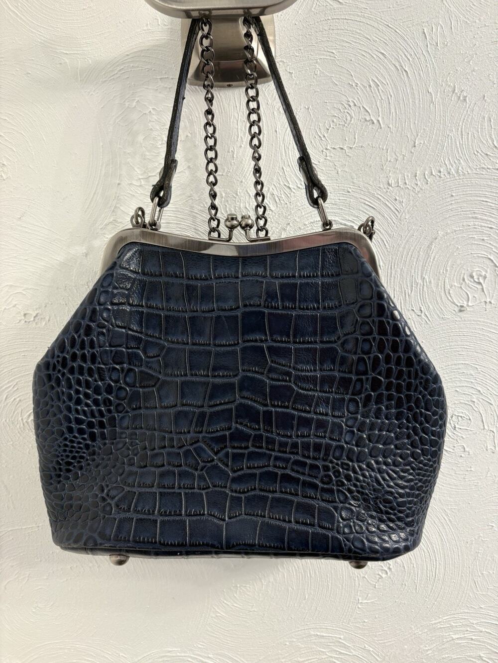 Patricia Nash Laureana Kisslock Frame Crossbody Handbag Blue Crocodile Embossed
